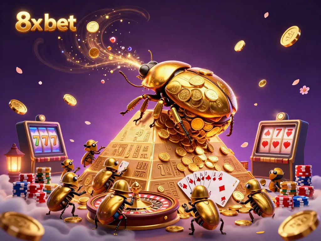 Experience thrilling casino fun at 8x bet with dynamic 3D illustration of a golden beetle amidst striking gambling elements.