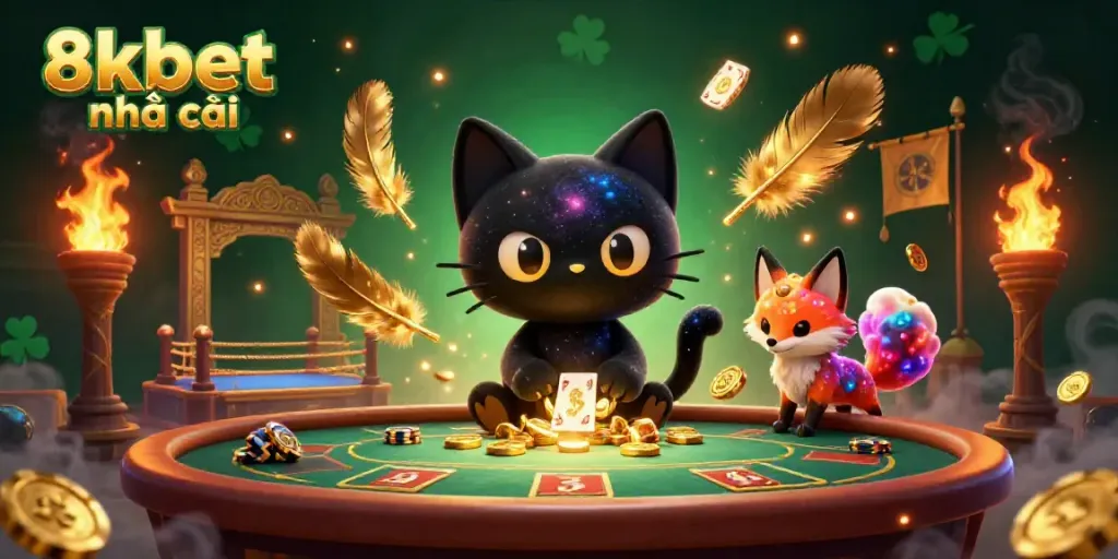 Engaging cosmic scene with 8xbet nhà cái elements and a black hole cat attracting chips and cards.
