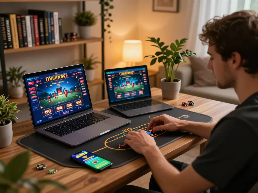Player engaging in 888b online casino gaming at home, showcasing a warm, cozy atmosphere.