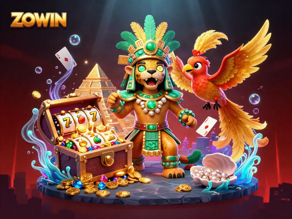 ZOWIN offers vibrant slot machines and gold coins bursting from treasure chests, highlighting the excitement of gambling.
