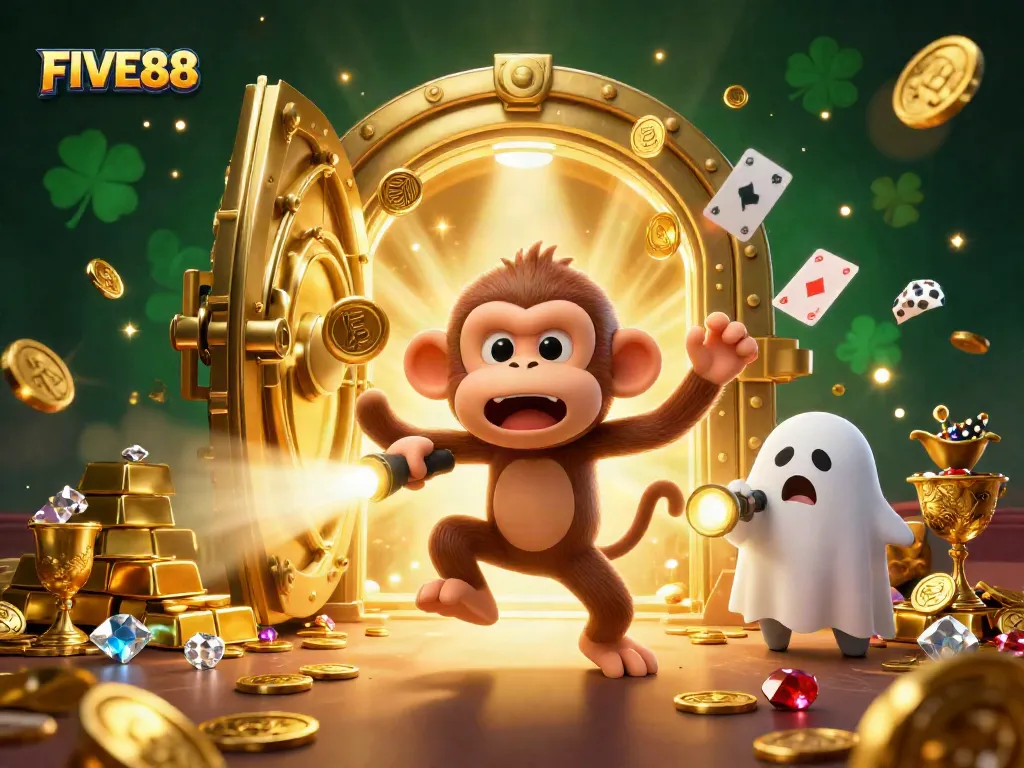 Engage with thrilling FIVE88 gaming - a poltergeist monkey juggles tokens in a haunted casino ambiance.