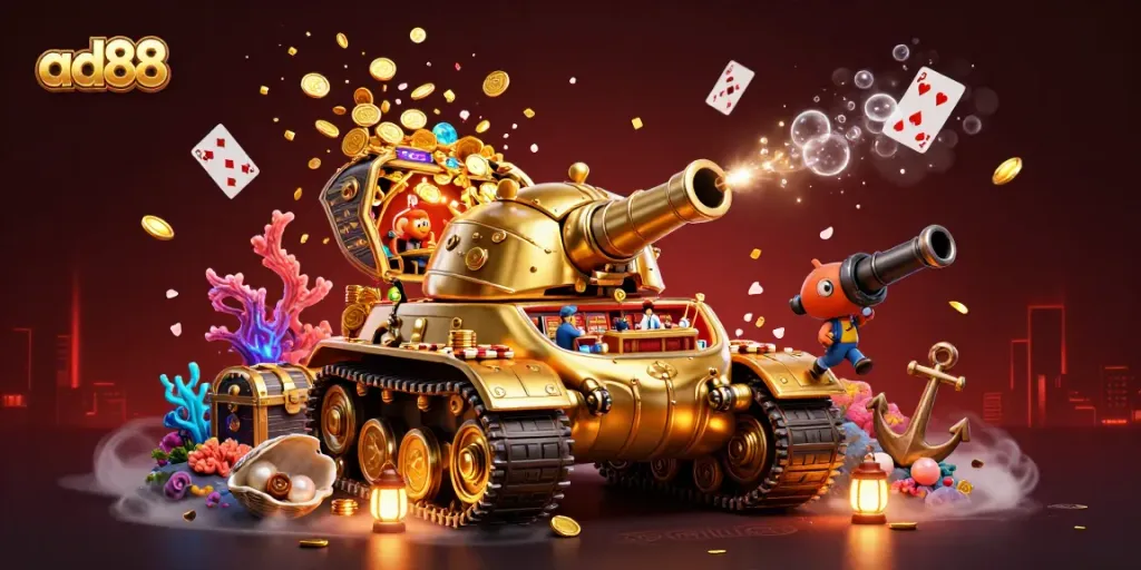 Experience ad88's thrilling casino atmosphere in an imaginative 3D illustration with a golden tank revealing a vibrant miniature casino.