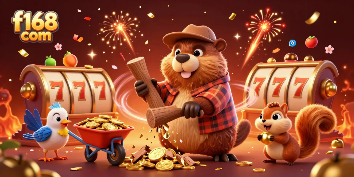 Experience thrilling action at f168 com with a beaver and friends winning golden coins in a vibrant casino.