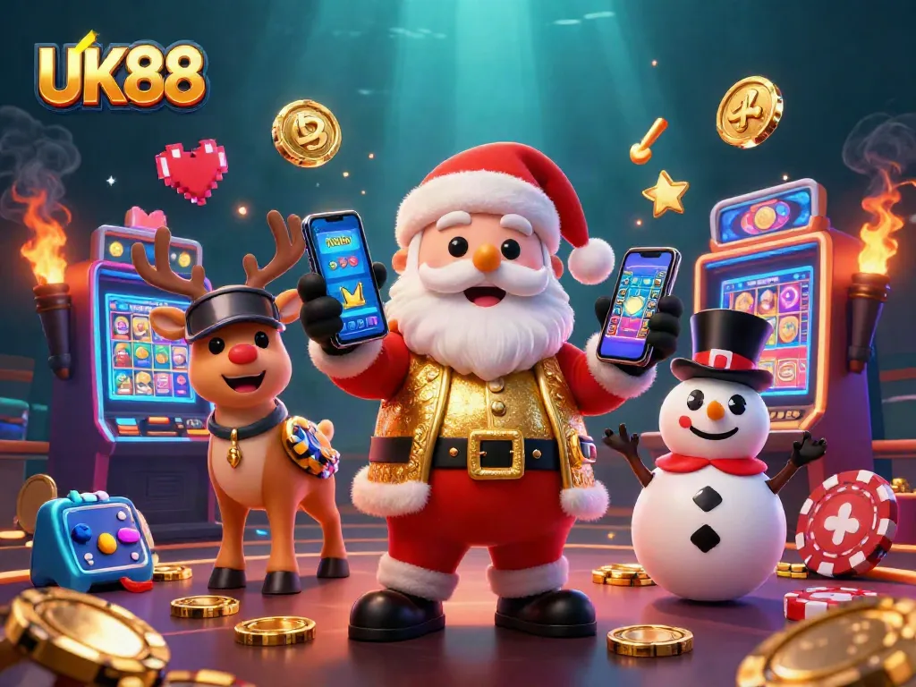 Feel the excitement at UK88 with Santa and friends exploring vibrant slot machines!