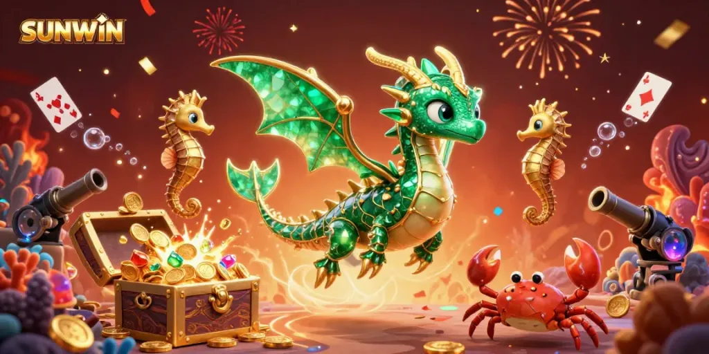SUNWIN unleashes underwater excitement with a sea dragon and treasure, showcasing vibrant casino games.