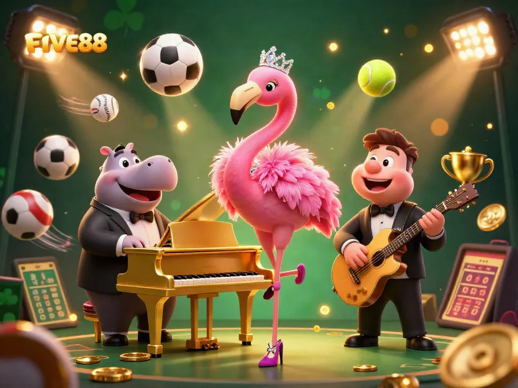 Join the excitement at FIVE88's vibrant casino scene with lively characters and dynamic game elements.