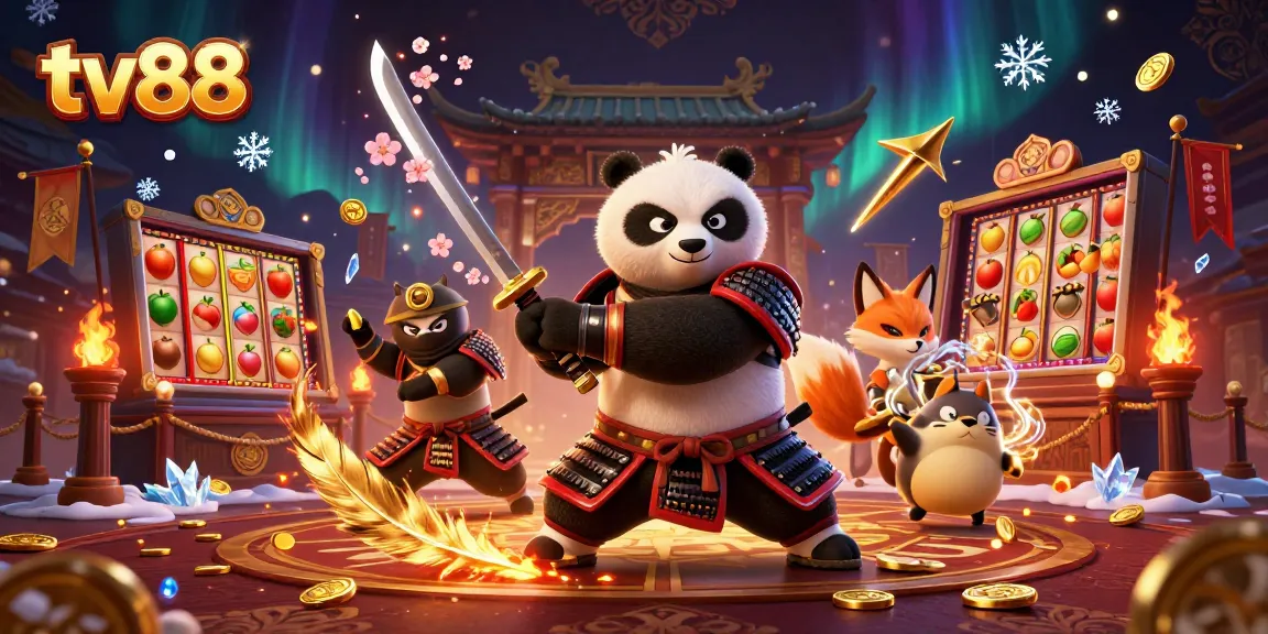 Engage with vibrant slot games at tv88 featuring a dynamic scene with samurai panda and ninja fox.