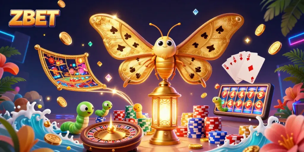 ZBET players enjoying golden casino rewards amid vibrant 3D illustration of moth and symbols.