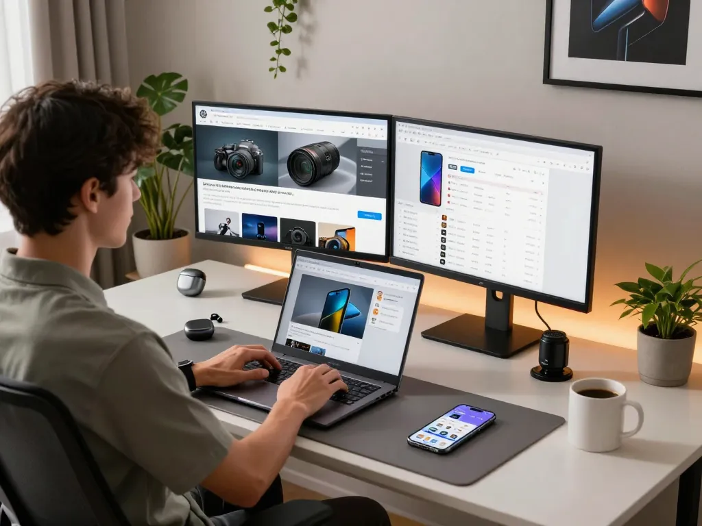 Engaging workspace with tech enthusiast researching the best tech gadgets for men, showcasing innovative products and gadgets.