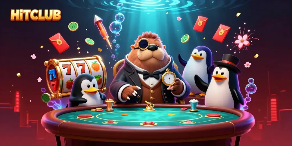 Engage in exhilarating action at HITCLUB with vibrant slot machines and animated casino characters.