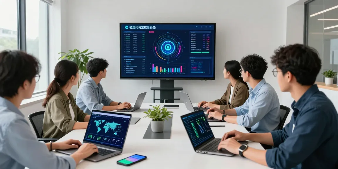 快连 network acceleration service showcased in a modern team collaboration setup with IT professionals using technology.