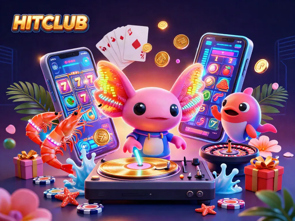 HITCLUB sparks excitement with our neon DJ and vibrant casino-themed characters spinning luck.