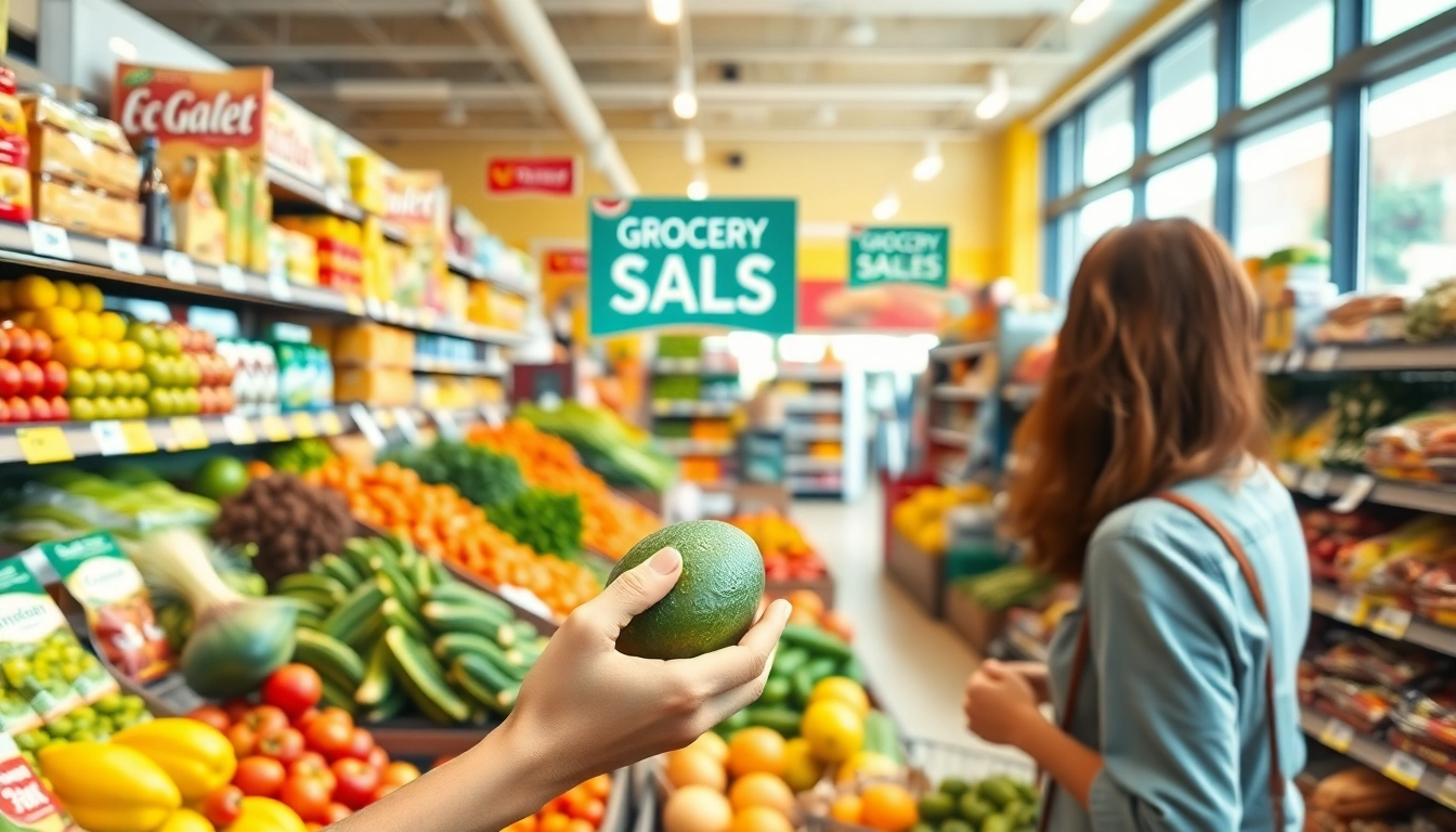 Shopper exploring vibrant grocery sales in a colorful produce aisle.