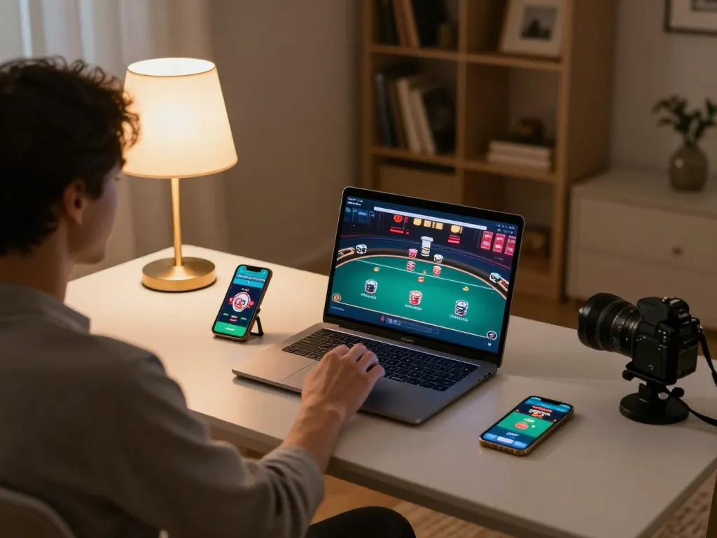 Pemain yang berinteraksi dengan aplikasi poker online rokok88 di laptop dalam pengaturan permainan rumah yang nyaman.
