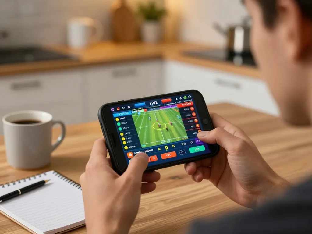 Player engaged in online betting on smartphone while checking live odds at home, showcasing 79sodoni.