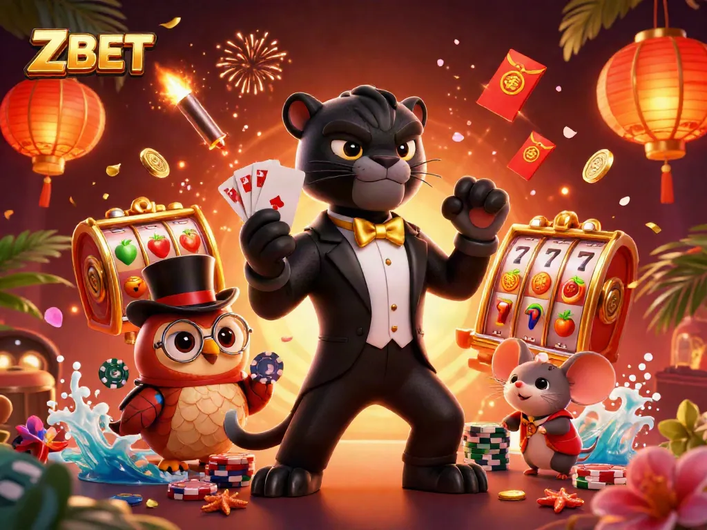 ZBET brings excitement with a stylish panther dealer, an owl with poker chips, and a lucky mouse in a vibrant casino.