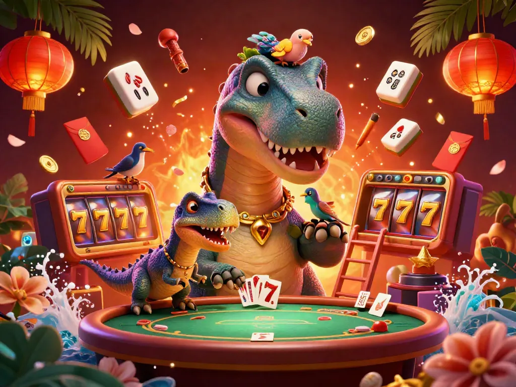 Spin the reels at LUCKY88 with giant cartoon dinosaurs and festive casino vibes.