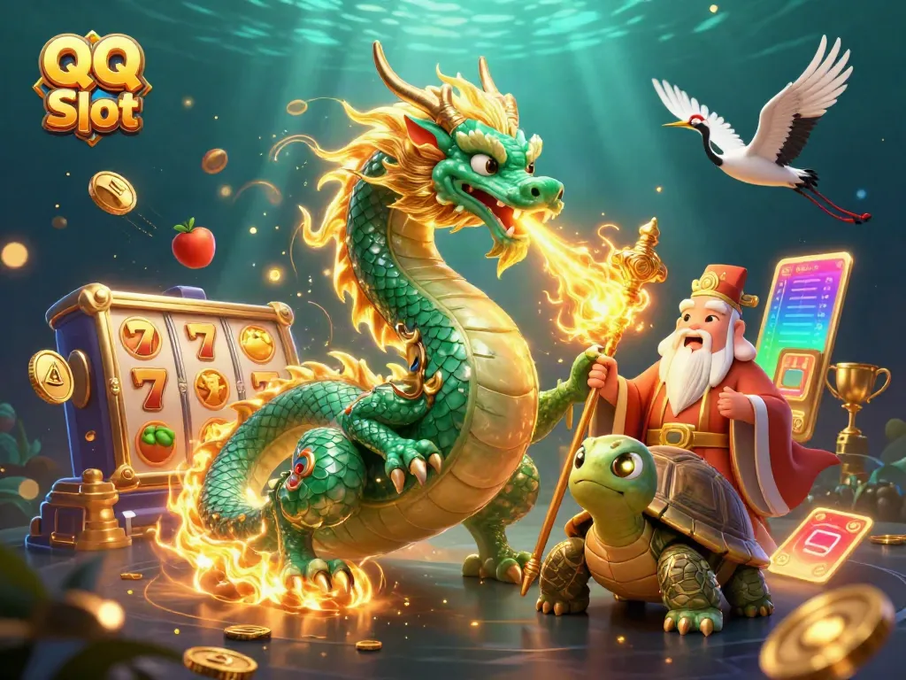 Experience the action of QQ Slot with a dragon, turtle, and cranes amidst vibrant gaming elements.