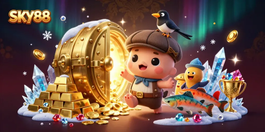 Bet on exciting games at SKY88 casino, featuring vibrant casino elements and themed characters.