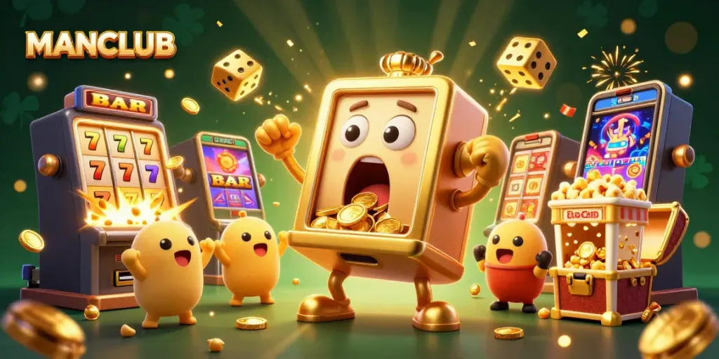 Play MANCLUB and win big with this vibrant 3D casino illustration showcasing excitement and jackpots!