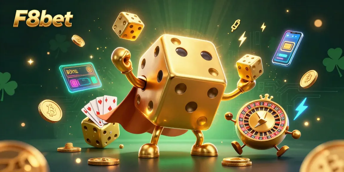 Experience thrilling gameplay with F8bet as a golden dice golem juggles crypto coins in an electrifying casino scene.