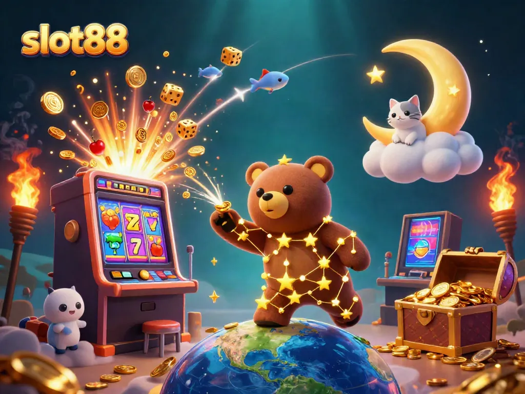 Experience the excitement of slot88 as golden stars and mystical creatures celebrate a colorful jackpot explosion!
