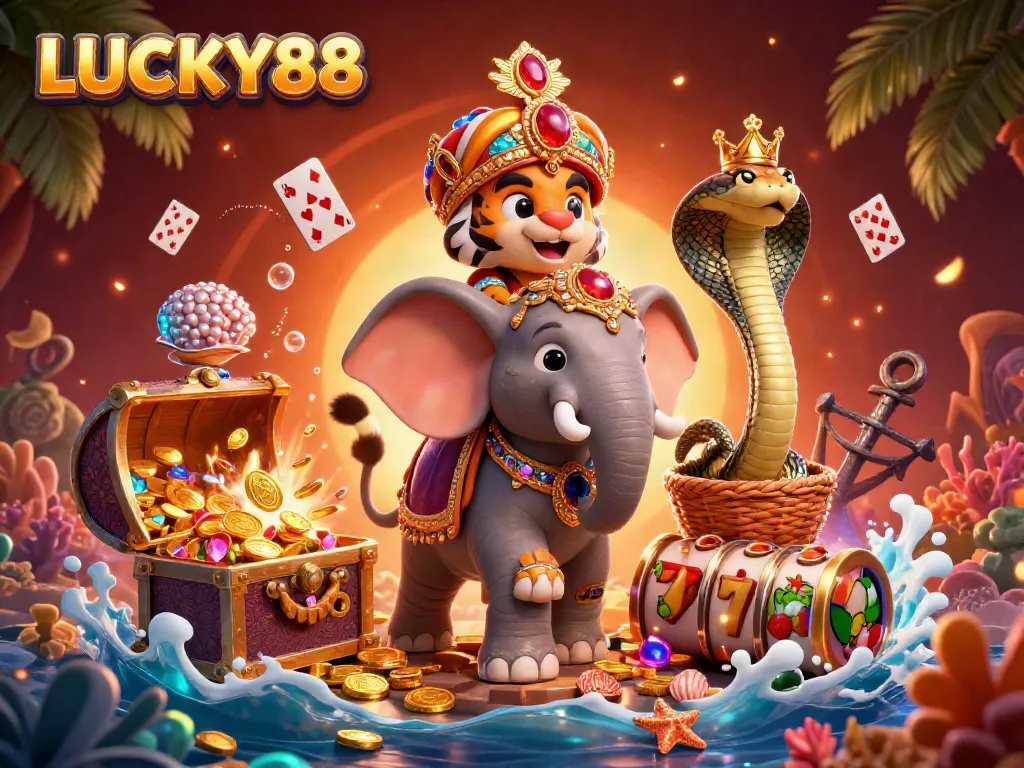 Experience excitement with LUCKY88 in this vibrant 3D casino illustration showcasing adventurous themes.