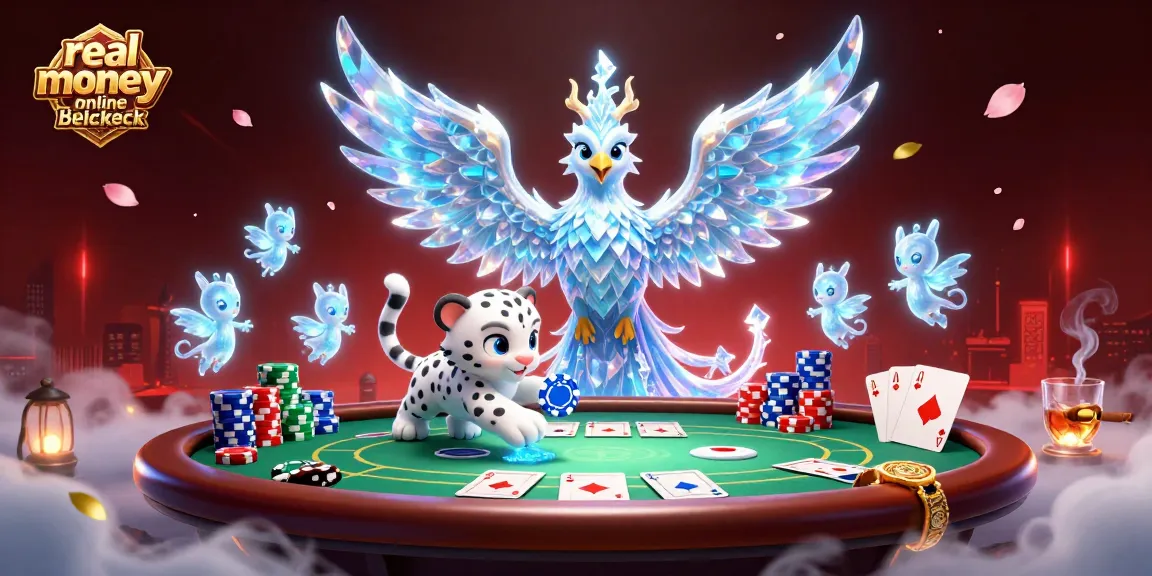 Experience the thrill of real money online blackjack with a vibrant 3D illustration of casino elements and characters.