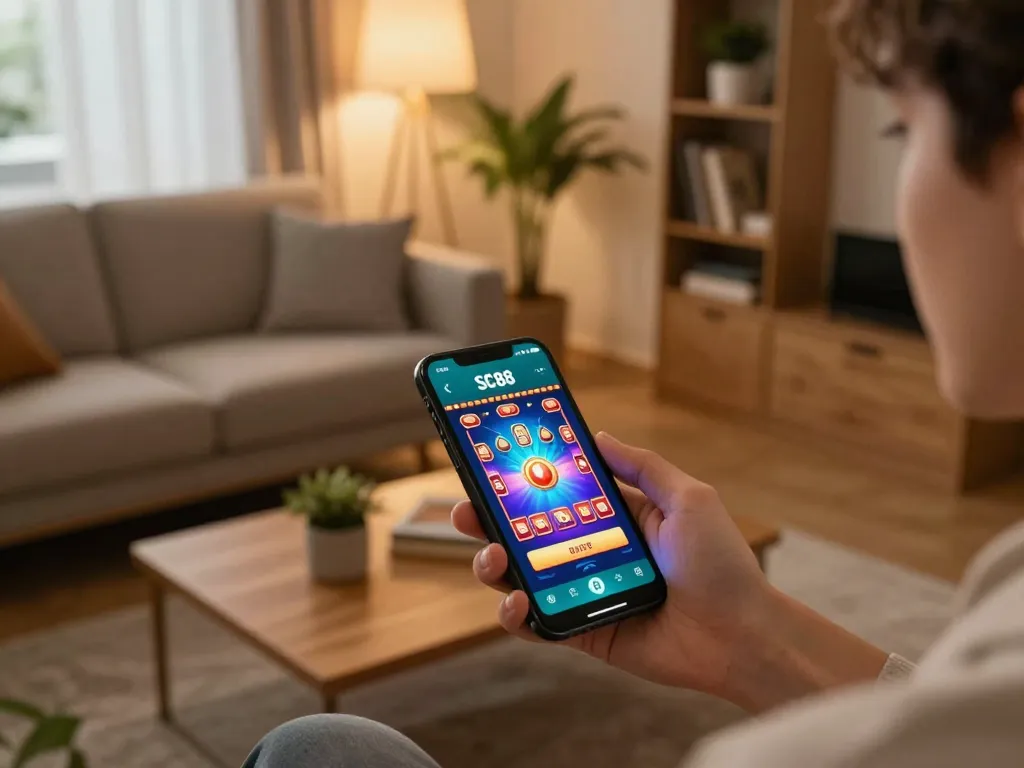 Using the SC88 app for online gambling in a cozy living room setting.