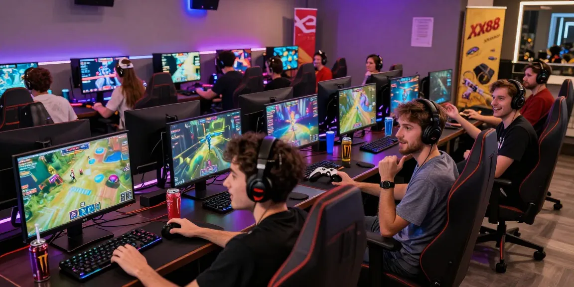Diverse gamers immersed in vibrant online gameplay at XX88 gaming lounge.