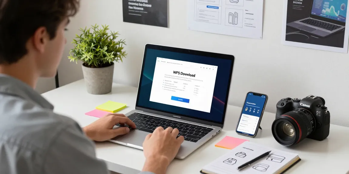 WPS Download page displayed on a laptop in a modern tech workspace highlighting productivity tools.
