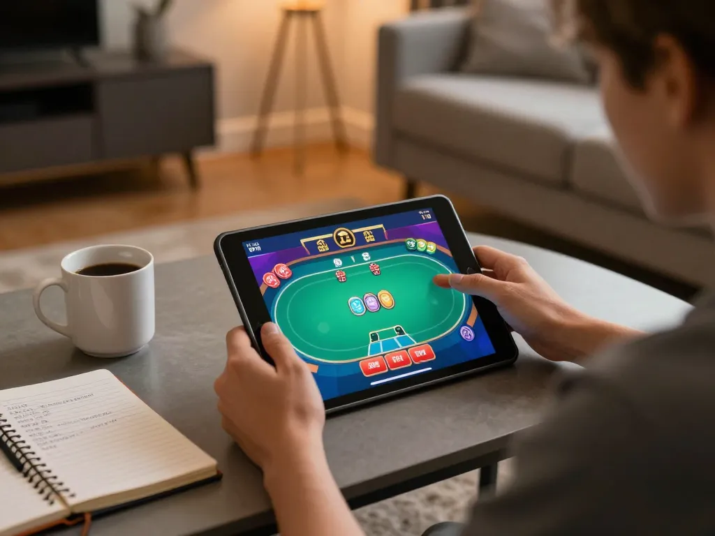 LU88 user enjoying an online poker game on tablet with bankroll management notes, showcasing casual yet strategic gaming.