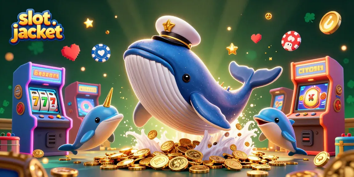 Experience the thrilling slot jackpot with playful dolphins and a giant whale in a vibrant, coin-filled scene.