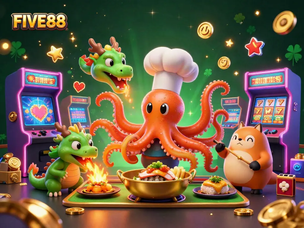 Immerse in FIVE88's vibrant gambling world with a dynamic 3D octopus chef and casino elements.