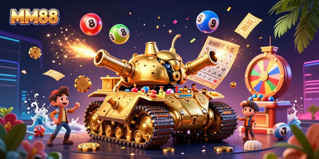 Experience the excitement of MM88 with a dynamic illustration of a golden casino beetle and vibrant game elements.