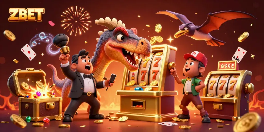 ZBET slots jackpot scene with a cartoon dinosaur, coins, and energetic effects