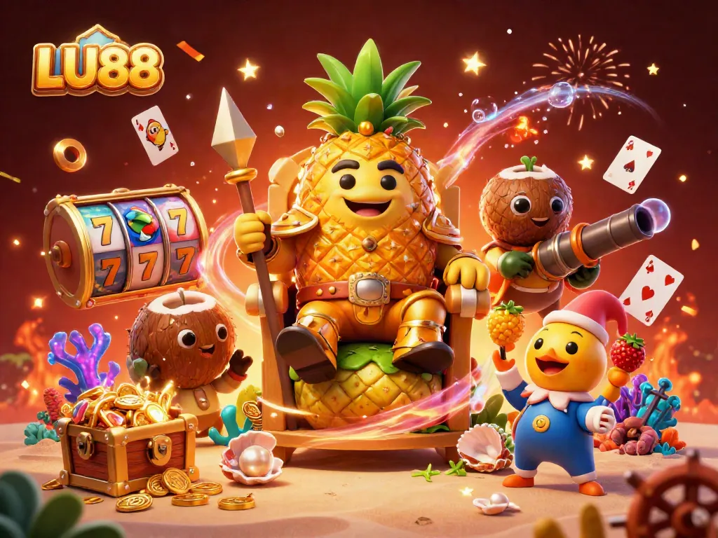 LU88 showcases exciting slots action with a vibrant golden pineapple king and lively characters in a beach casino setting.