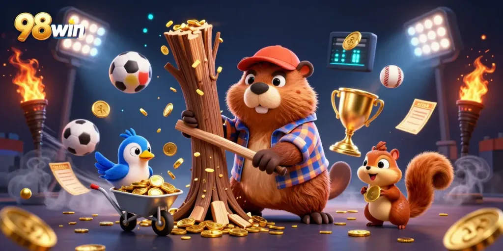 Engage in winning strategies at 98win with dynamic gaming characters collecting golden coins.