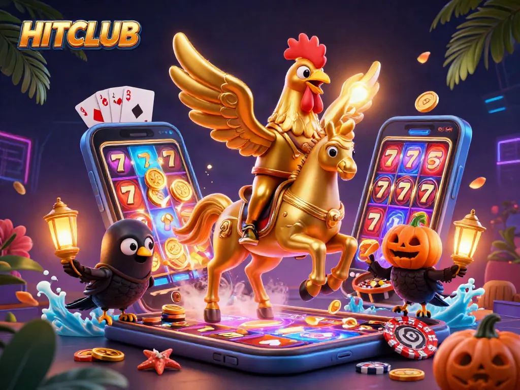 HITCLUB players revel as a golden rooster and companions celebrate casino wins amid vibrant gaming elements.
