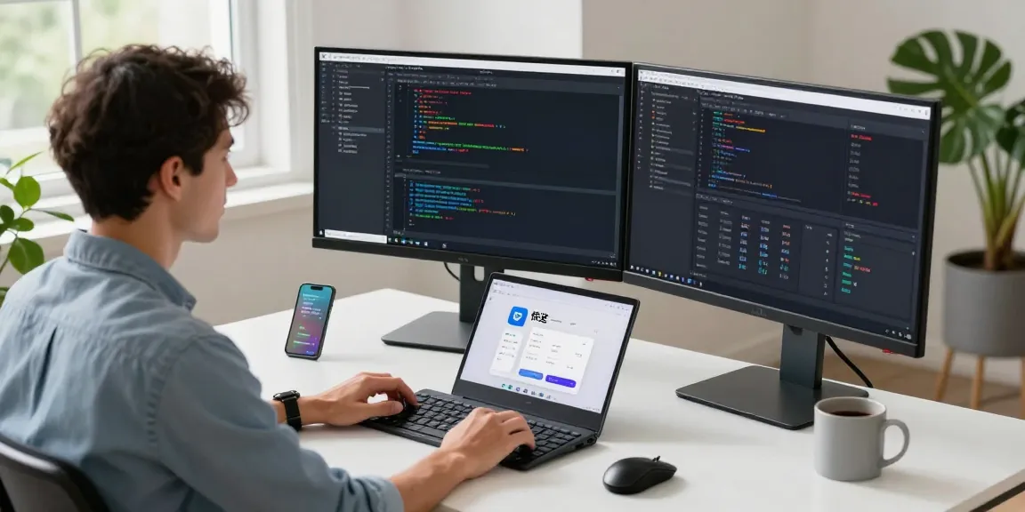 快连 application interface displayed on a developer's dual monitors in a modern tech workspace.