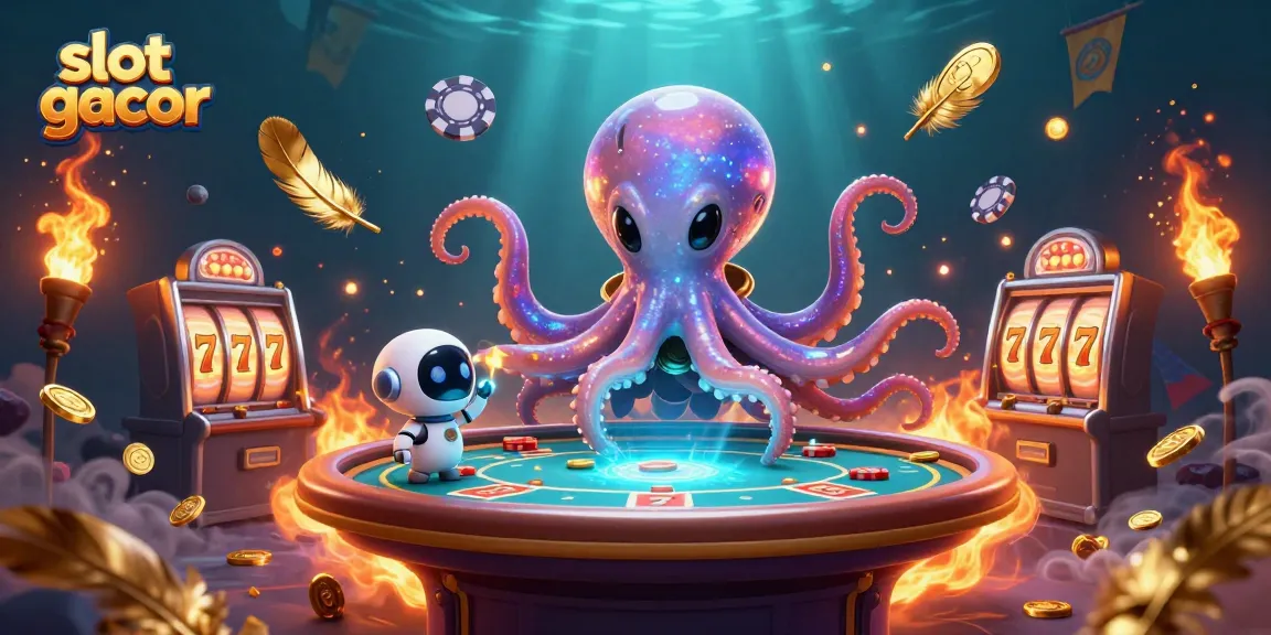 Engage in thrilling slot gacor gameplay with a cartoon alien octopus at a glowing poker table.