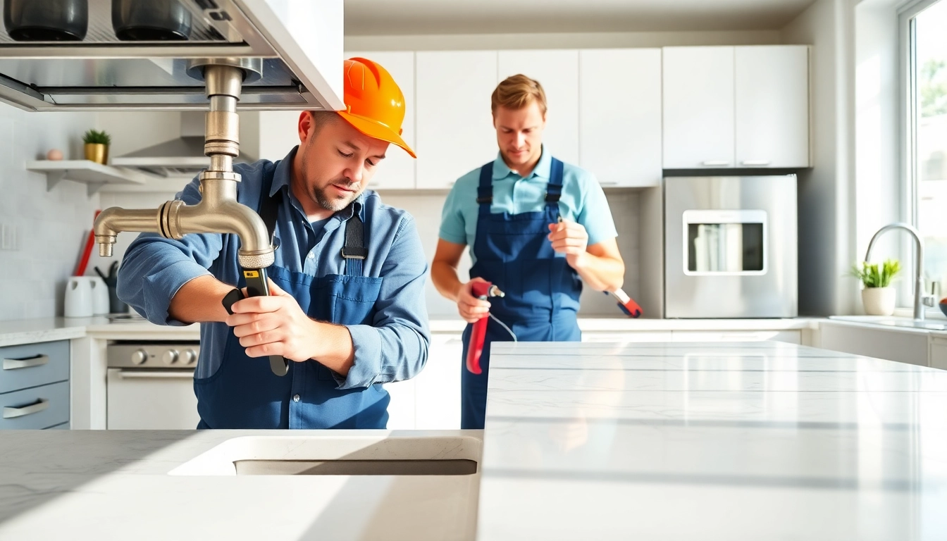 Plumbers North Vancouver fixing plumbing in a modern kitchen, showcasing expert teamwork.