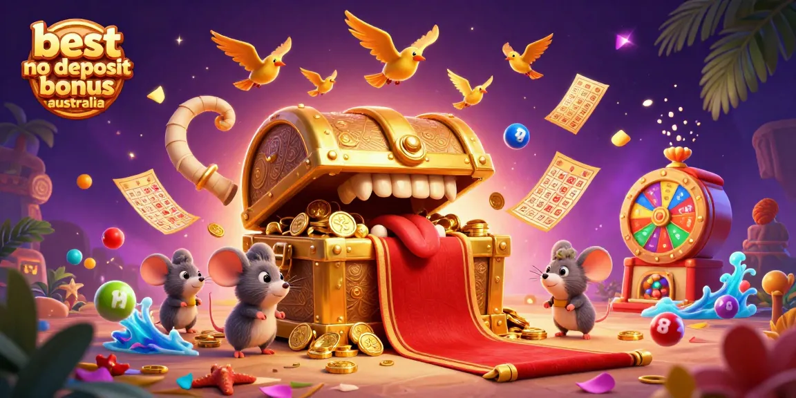 Experience the best no deposit bonus Australia in a colorful, dynamic lottery-themed scene filled with excitement.