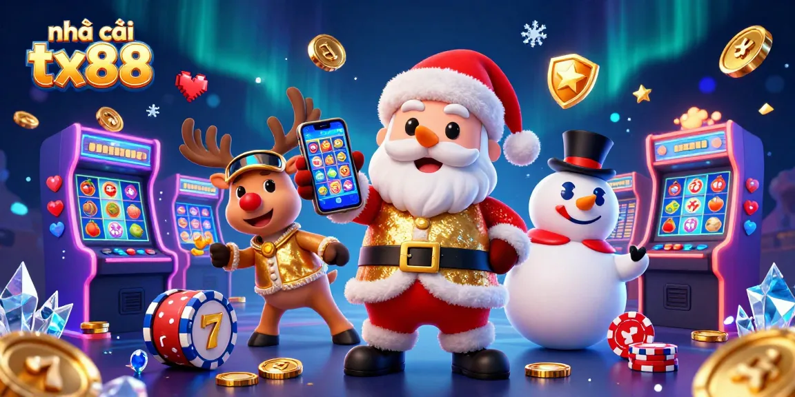 Experience the excitement of nhà cái tx88 with Santa, his reindeer, and a snowman in a vibrant casino scene.