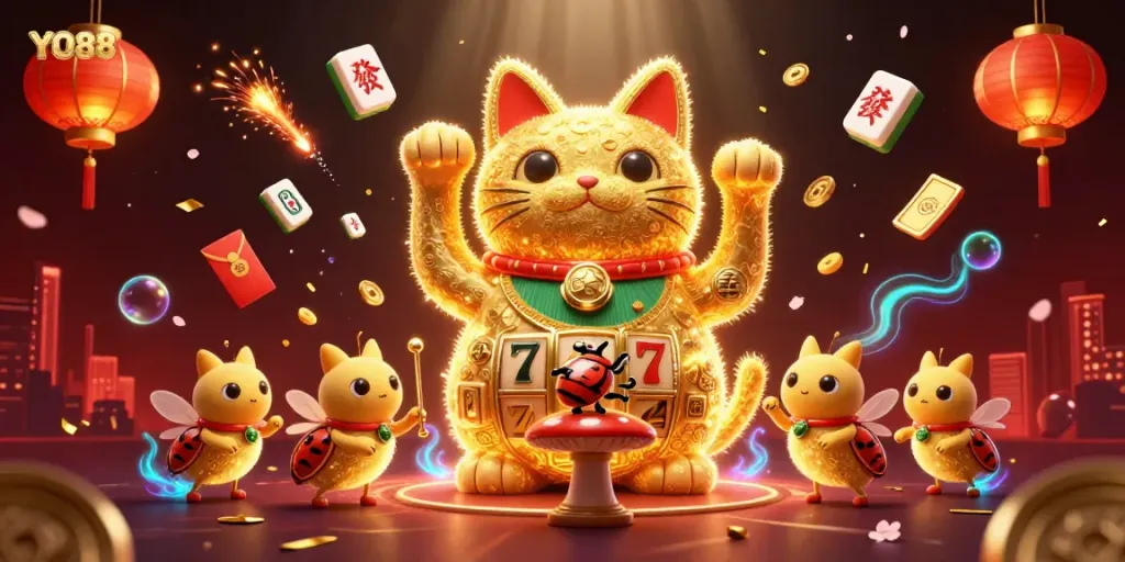 Experience the vibrant world of YO88 as golden fireflies shape a lucky cat amidst casino symbols.