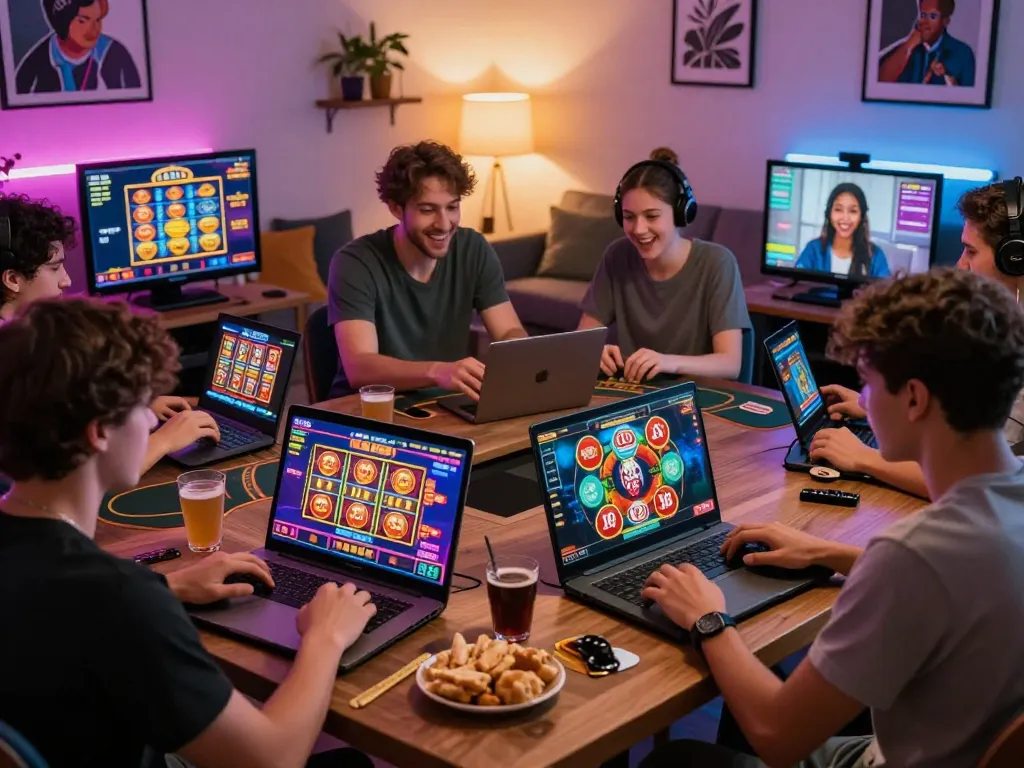 Exciting MM88 online gambling scene with diverse players enjoying virtual casino games in vibrant home setups.