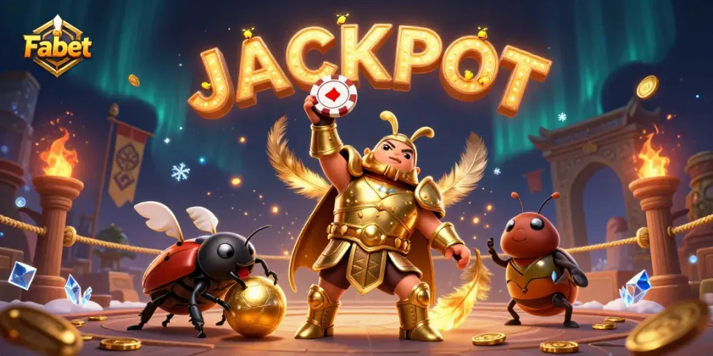 Celebrate victories with Fabet as a heroic beetle lifts a poker chip amidst jackpots and casino glory.