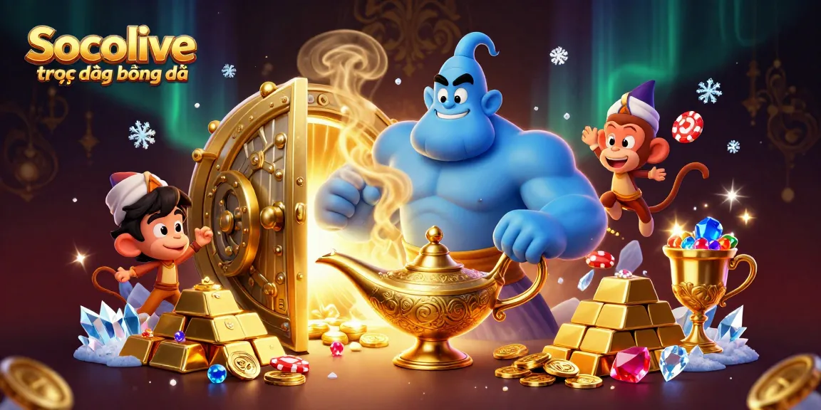 Socolive trực tiếp bóng đá showcases a dynamic genie, monkey, and flying carpet in a rich casino-themed scene.