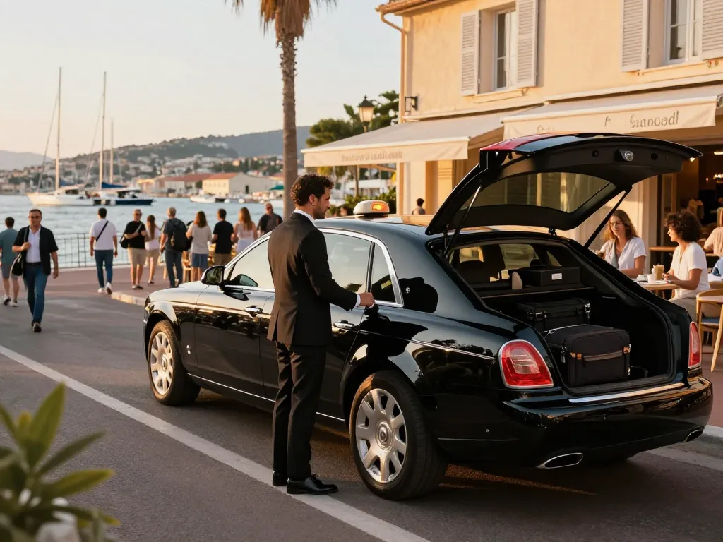 Service de taxi à Saint-Tropez de luxe avec chauffeur professionnel et voyageurs heureux dans une scène animée de rue.