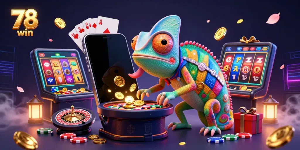 Engaging illustration of the chameleon casino owner in a vibrant casino setting, showcasing 78 win through vivid gaming elements.